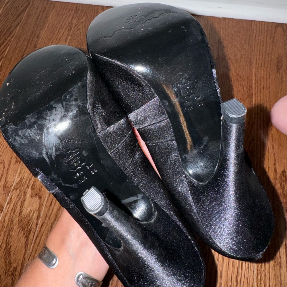 Nina Black Satin Peep Toe Open Toe High Heels 8 - Picture 4 of 6